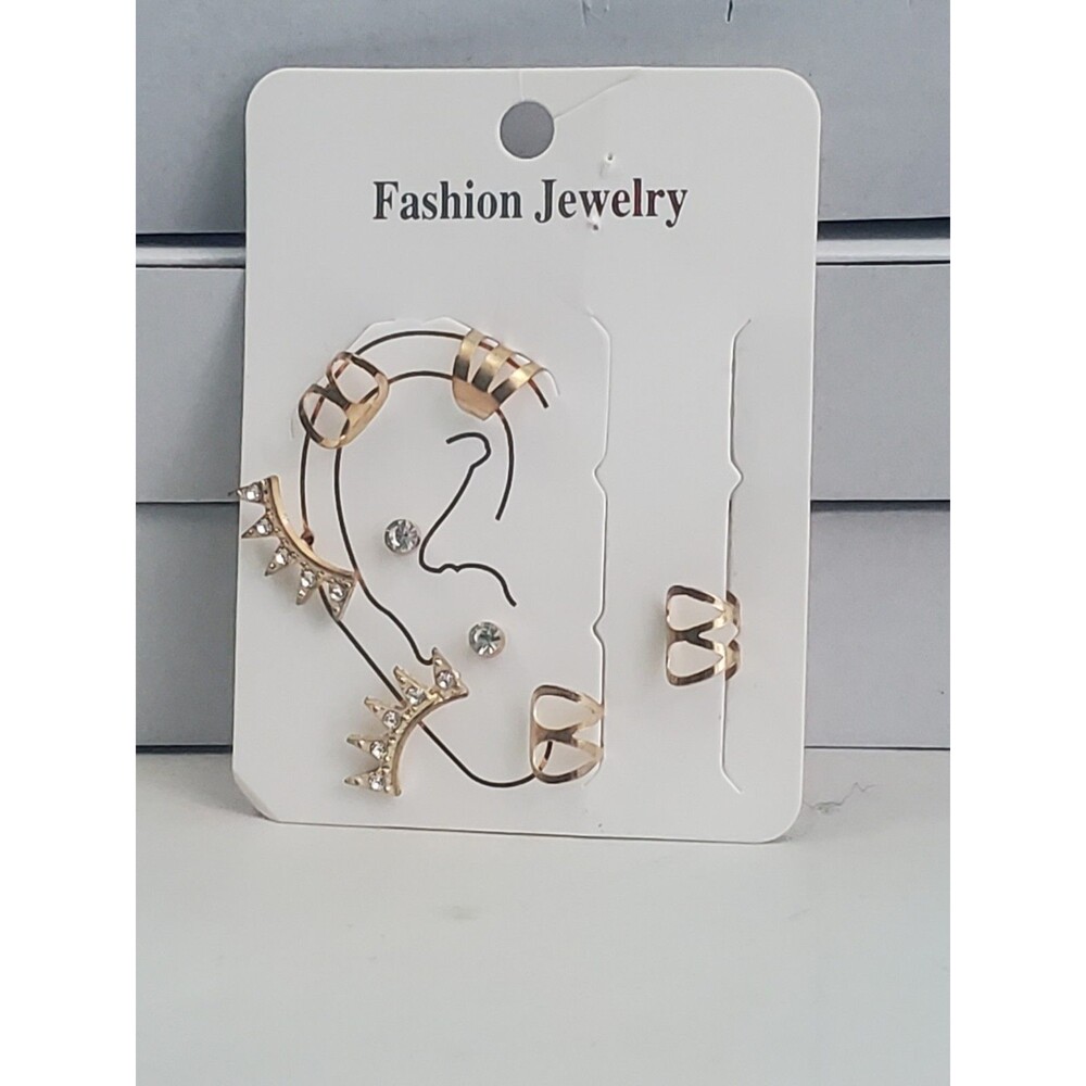 Gold Tone Ear Climber Cuff Set Crystal Stud Rhinestone Spike Crown 7 Piece Set